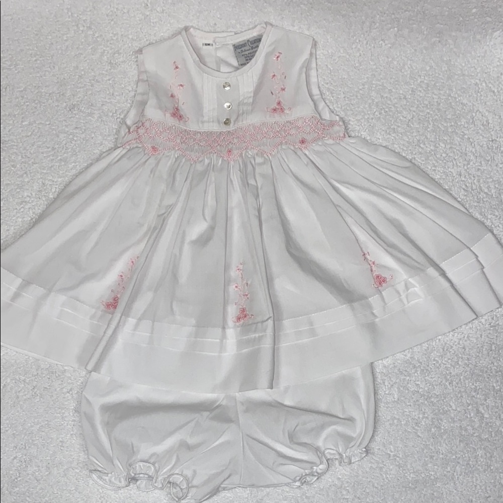 Friedknit creations White and Pink Embroidered smocked Baby Dress with Bloomer